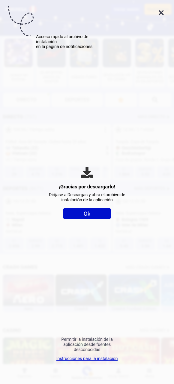 Autoriza la obtención del instalador Android para obtener la App de Paripesa rápidamente.
