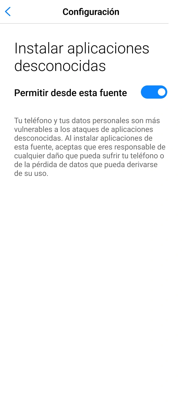 Activa los permisos de fuentes externas para permitir el acceso a la App de Paripesa en Android.