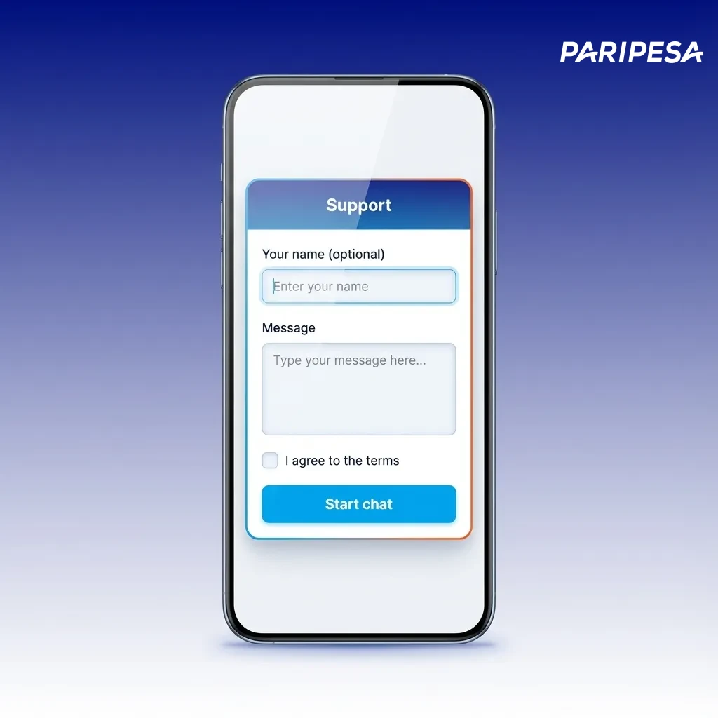 Ilustración de la app Paripesa mostrando opciones de atención al cliente: chat en vivo, correo y centro de ayuda en español
