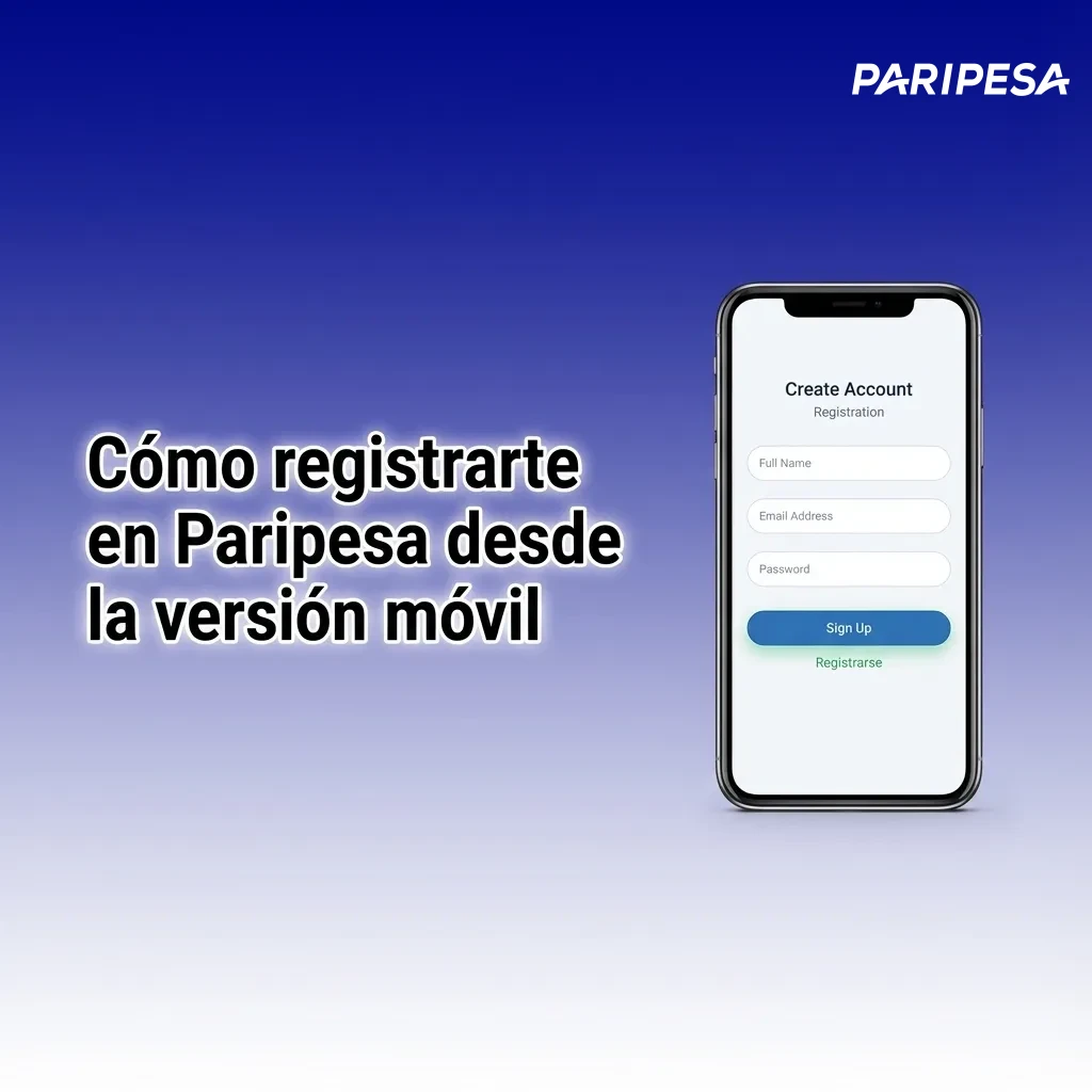 Ilustración móvil mostrando pasos numerados para registrarse en Paripesa Perú desde el celular, con campos y botón “Registro”