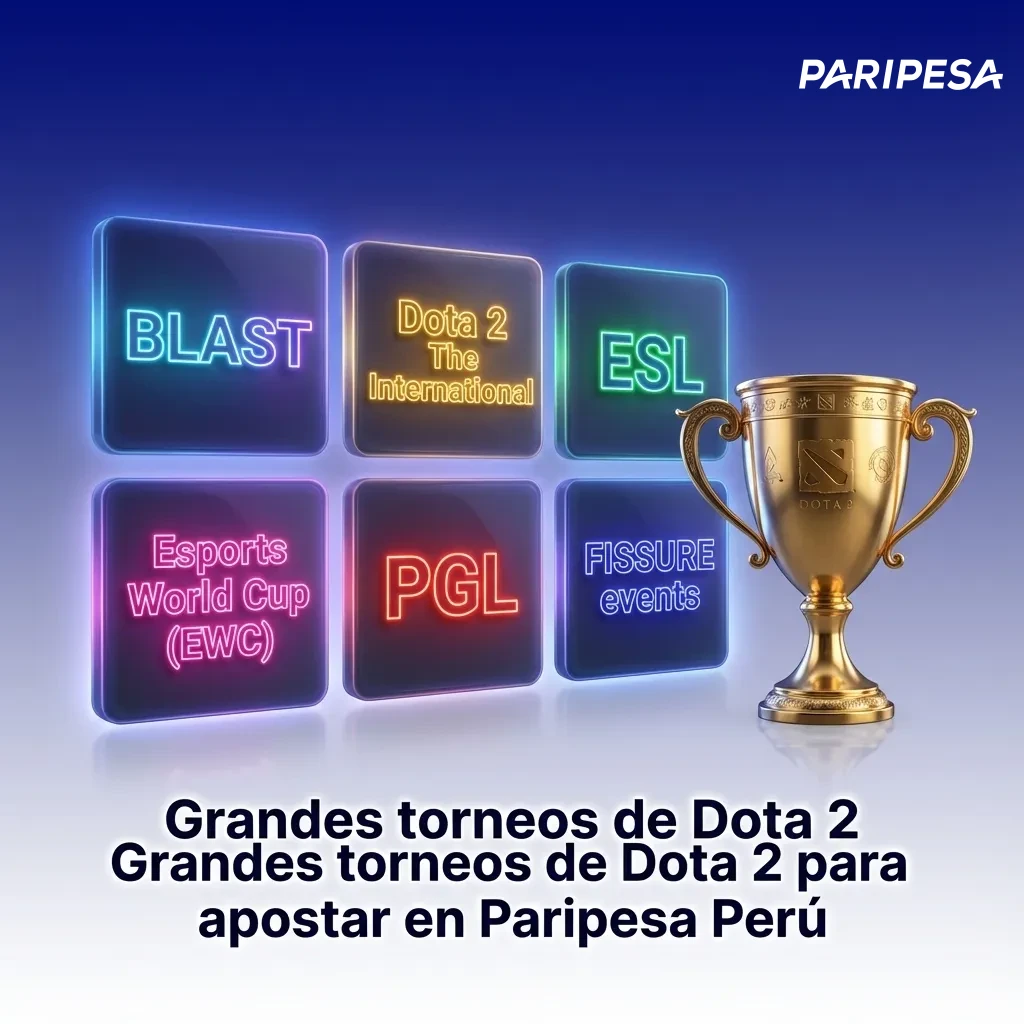 Banner de apuestas Dota 2 en Paripesa Perú, mostrando logos de torneos como TI, BLAST, ESL, EWC, PGL y FISSURE
