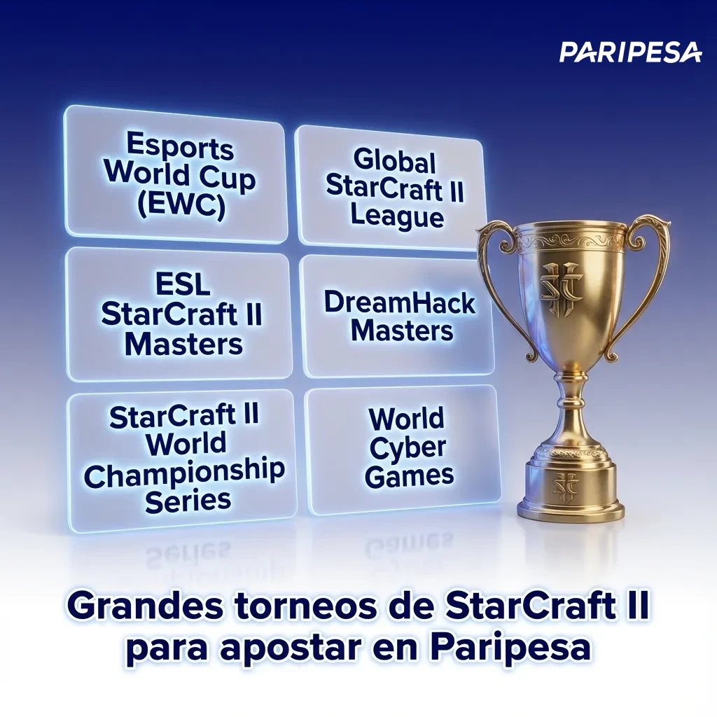 Pantalla de StarCraft II en un torneo esports, con logo de Paripesa y jugadores profesionales compitiendo en escenario.