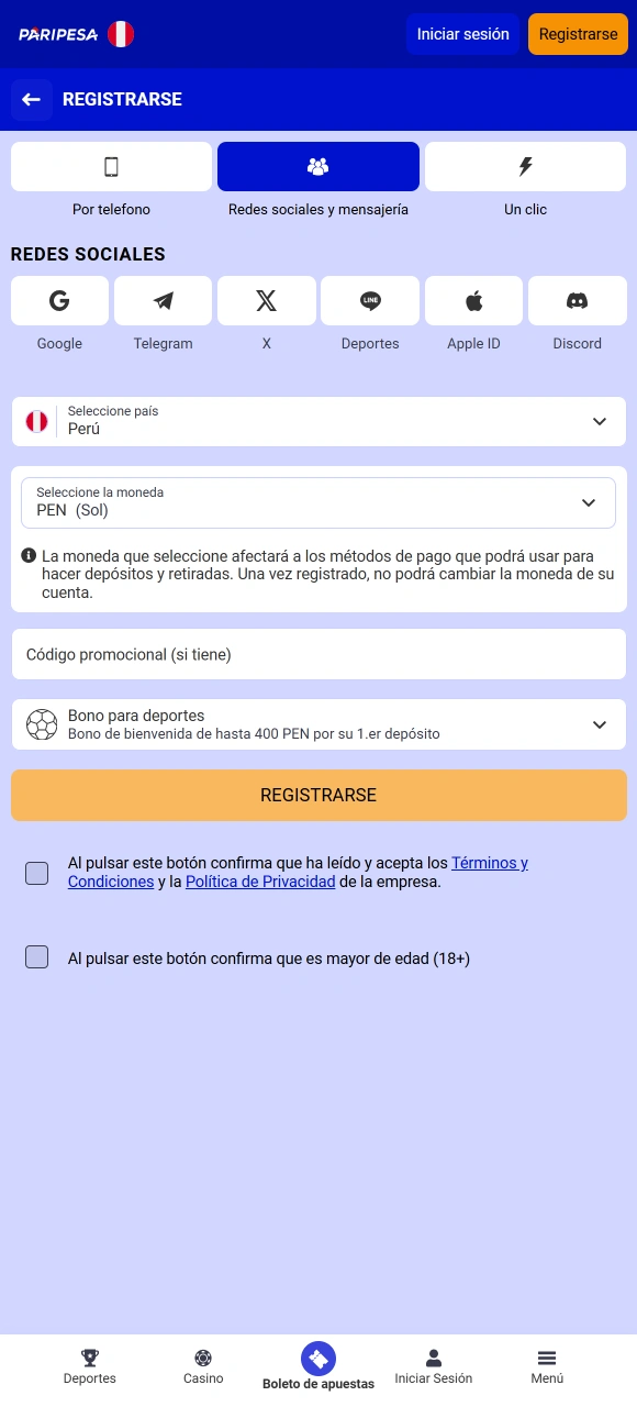 Abre el formulario de registro en la App de Paripesa en iOS y crea tu cuenta oficial.