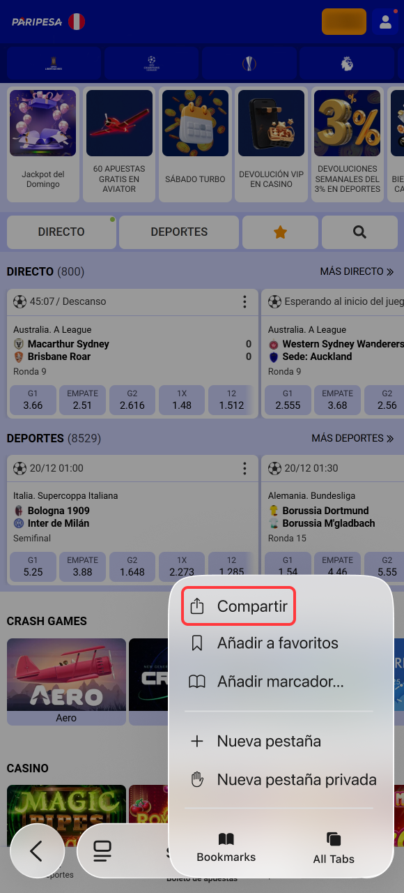 Selecciona la opción de acceso directo para fijar la versión de iOS en la App de Paripesa.