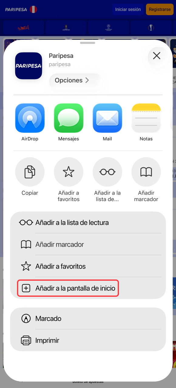 Añade el acceso directo para abrir rápidamente la versión iOS de la App de Paripesa.