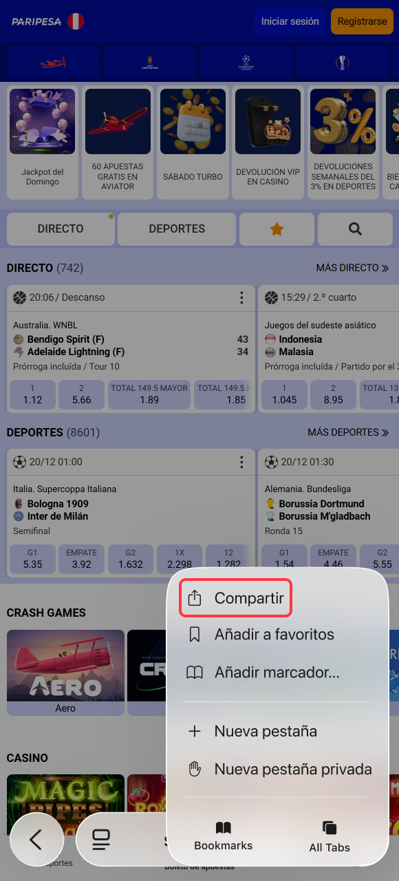 Selecciona la opción de compartir para configurar la versión iOS de la App de Paripesa.