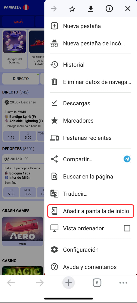 Presiona el botón de descarga para iniciar la instalación de Android en la App de Paripesa.