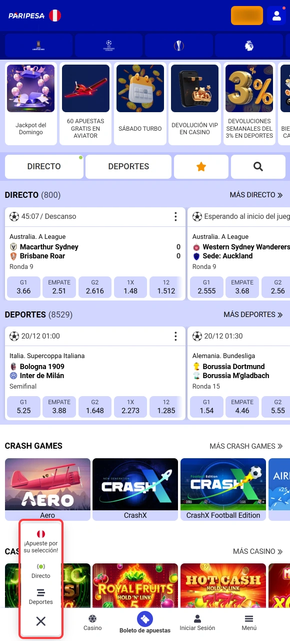 Selecciona tu deporte favorito para colocar una Apuesta en la App de Paripesa rápidamente.