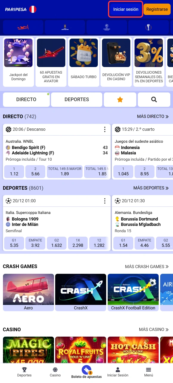 Realiza el Inicio de sesión en la App de Paripesa y verifica tu saldo disponible en soles.