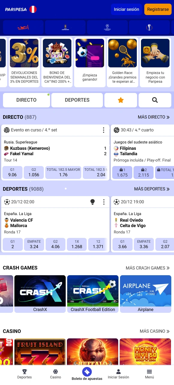 Visualiza la interfaz principal al abrir la App de Paripesa para empezar a apostar.