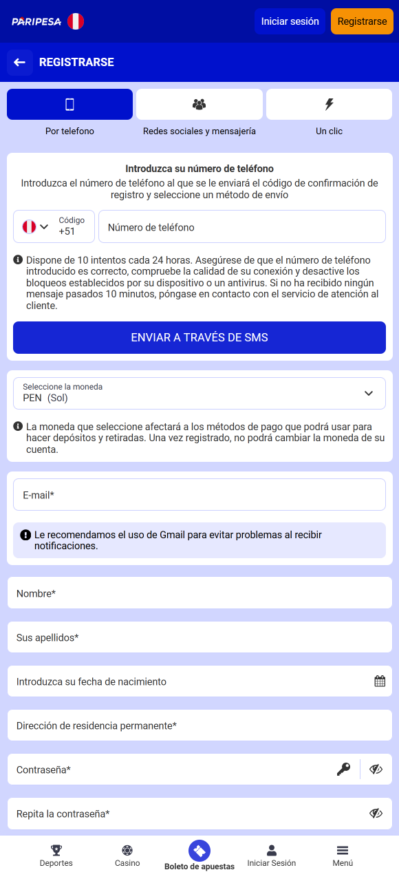 Completa el formulario de registro en la App de Paripesa y crea tu cuenta oficial.