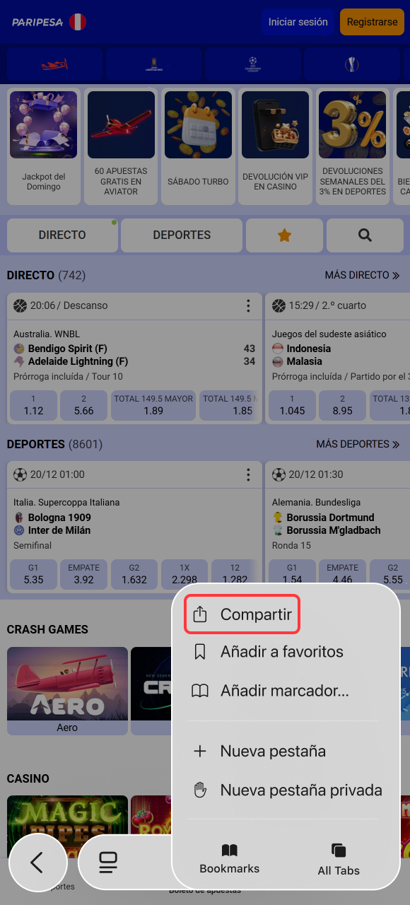 Selecciona la función de compartir para gestionar la versión de iOS en la App de Paripesa.