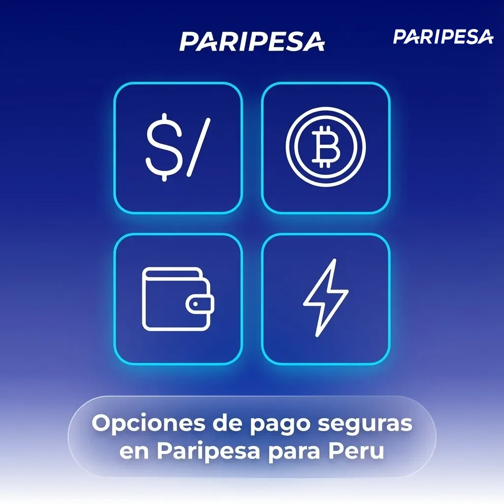 Ilustración de Paripesa Perú mostrando logos de tarjetas, billeteras digitales y criptomonedas sobre fondo seguro
