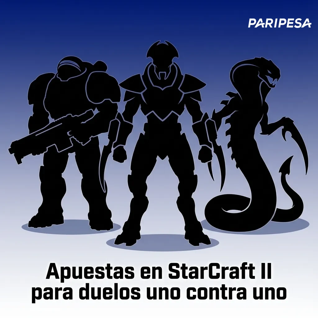 Pantalla de StarCraft II con Terran, Zerg y Protoss, interfaz de apuestas destacando duelos uno contra uno y torneos populares