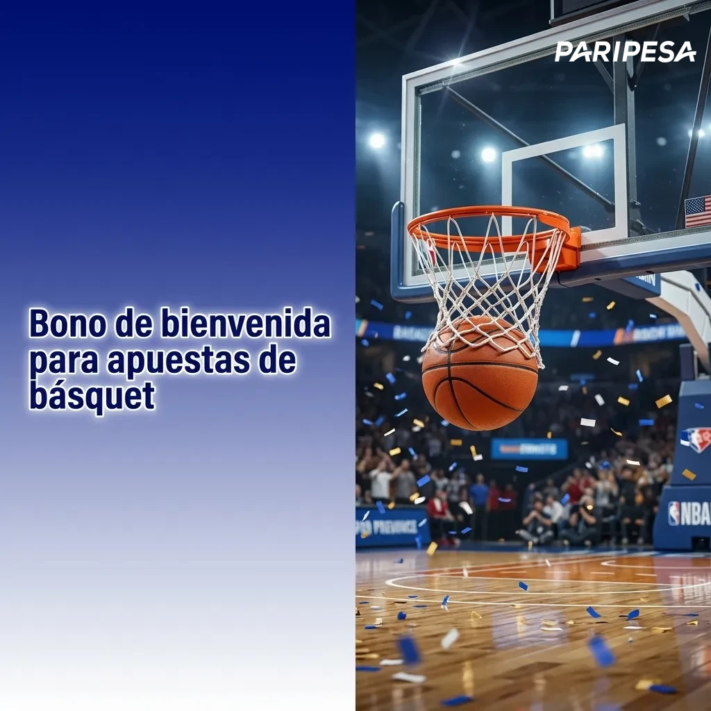 Banner de bono de bienvenida Paripesa para apuestas de básquet, con balón, cancha y texto promocional sobre primer depósito