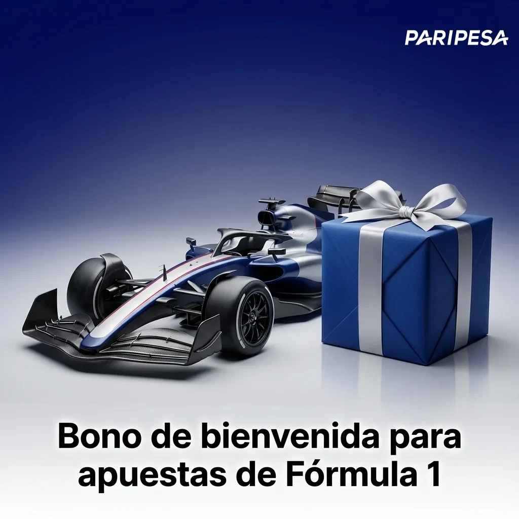 Banner de bono de bienvenida Paripesa Perú con coche de Fórmula 1 y texto sobre apuestas deportivas y requisitos del bono