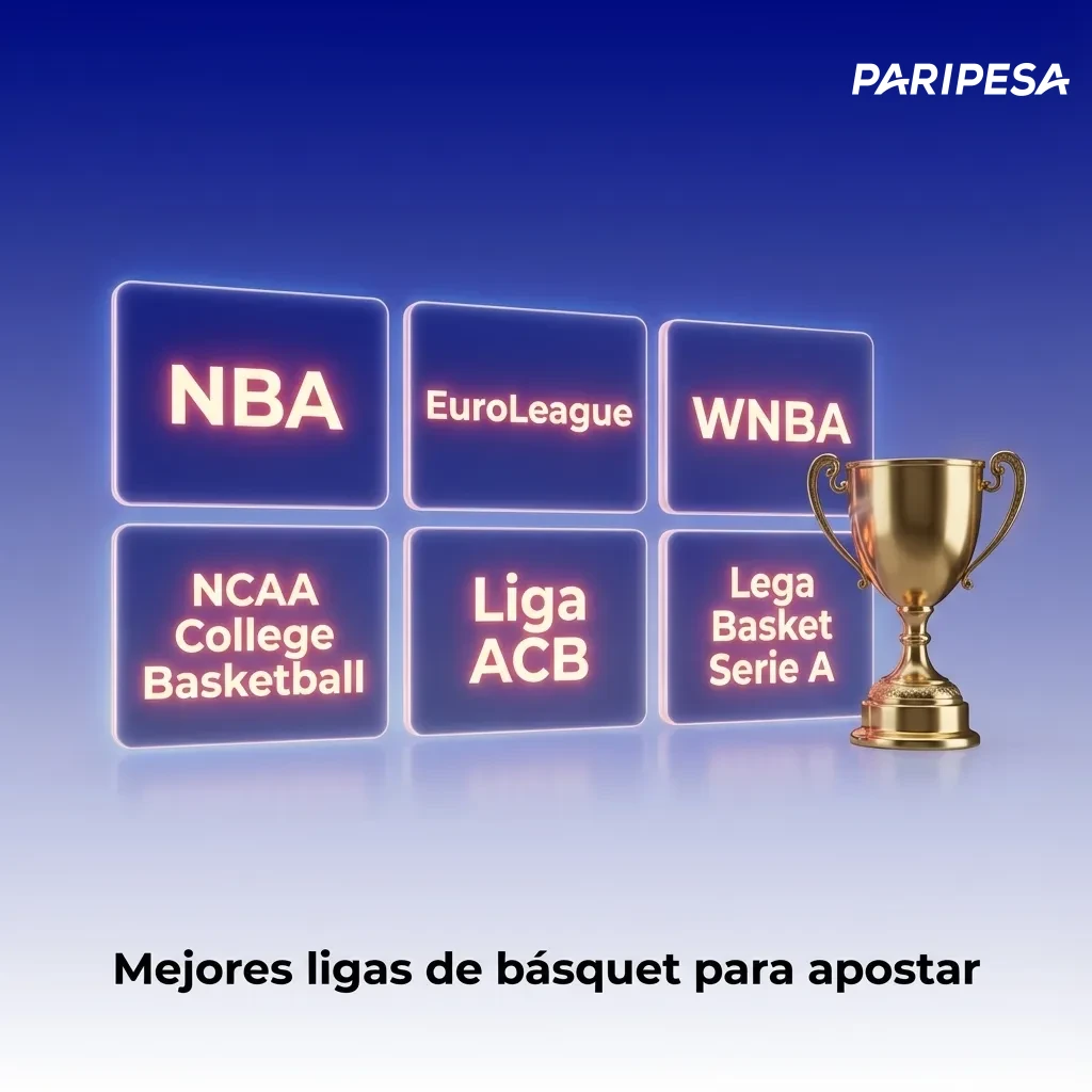 Jugador lanzando a canasta con logos de NBA, Euroliga, FIBA y otras ligas de básquet alrededor.