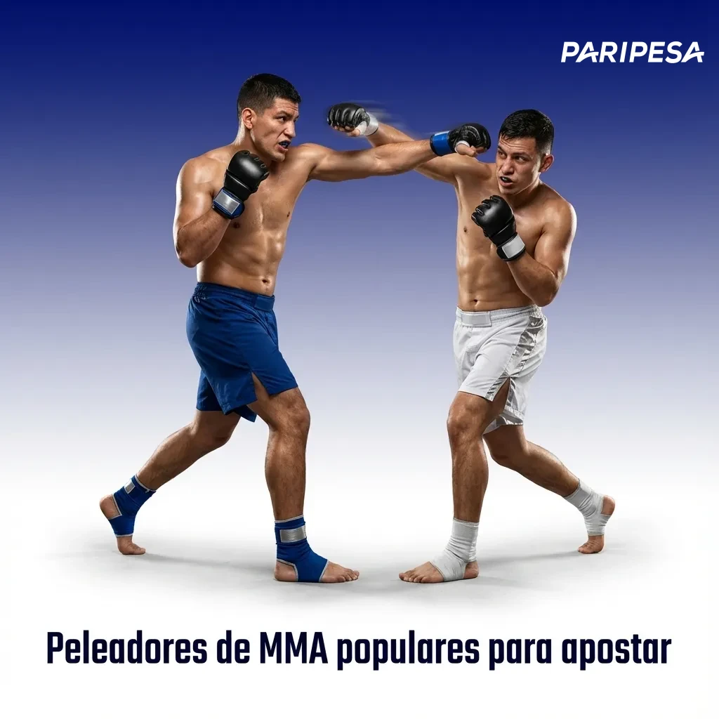 Ilustración de peleadores de MMA populares en un octágono, con nombres destacados usados en apuestas deportivas