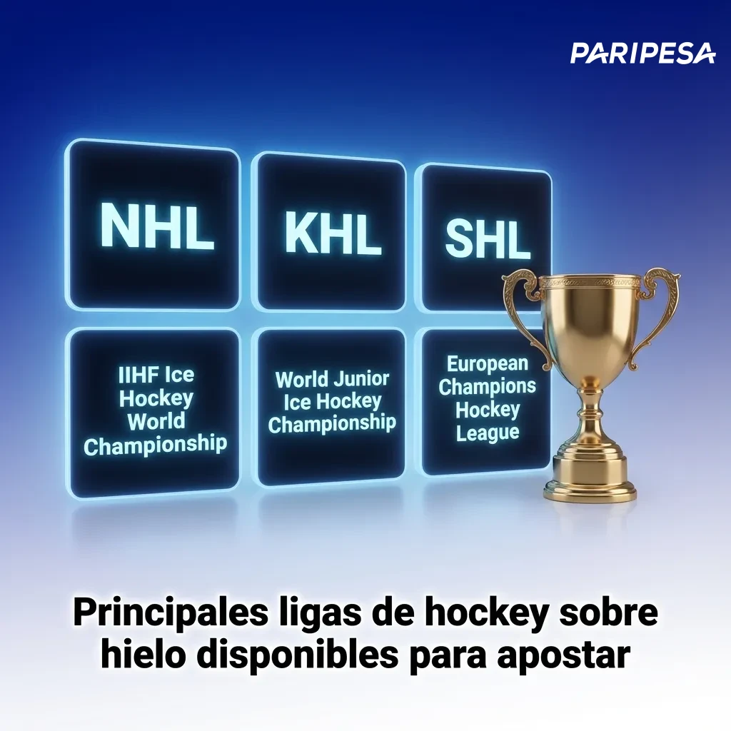 Infografía de Paripesa con logotipos de NHL, KHL, Liiga, SHL y torneos internacionales de hockey sobre hielo