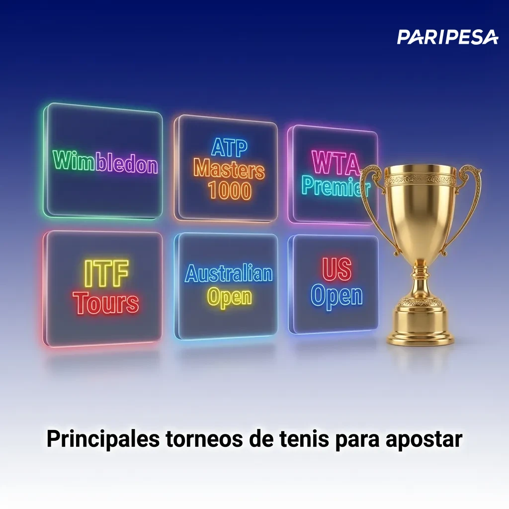 Collage de torneos de tenis famosos con pelotas y raquetas, destacando Grand Slams y circuitos ATP y WTA para apostar