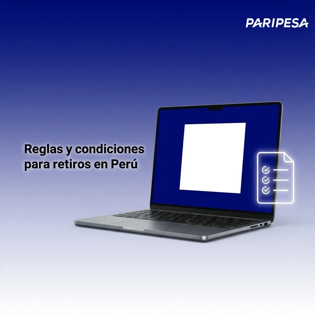 Ilustración en español sobre reglas de retiro en Perú, con iconos de verificación, métodos de pago y condiciones de bono.