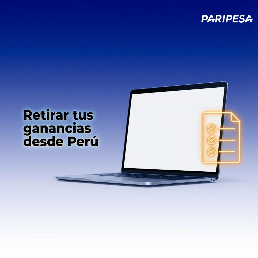 Ilustración de usuario en Perú retirando ganancias en línea, eligiendo método de retiro y confirmando monto en pantalla
