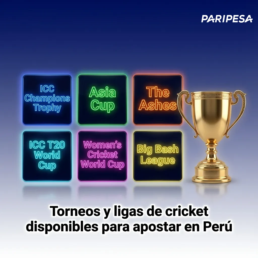 Banner sobre apuestas de cricket en Perú con logos de torneos ICC, T20, The Ashes, IPL y otras ligas internacionales