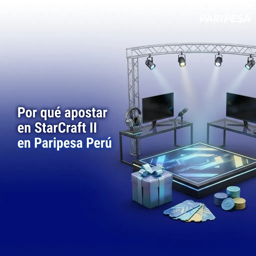 Banner de apuestas StarCraft II en Paripesa Perú con bonos en soles y jugador viendo partida en el móvil