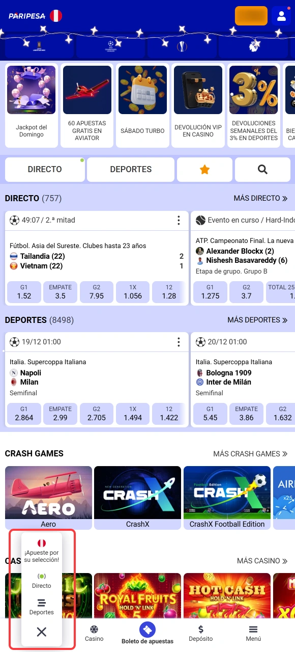 Explora los eventos deportivos disponibles para seleccionar el mercado de tu próxima Apuesta en Paripesa.