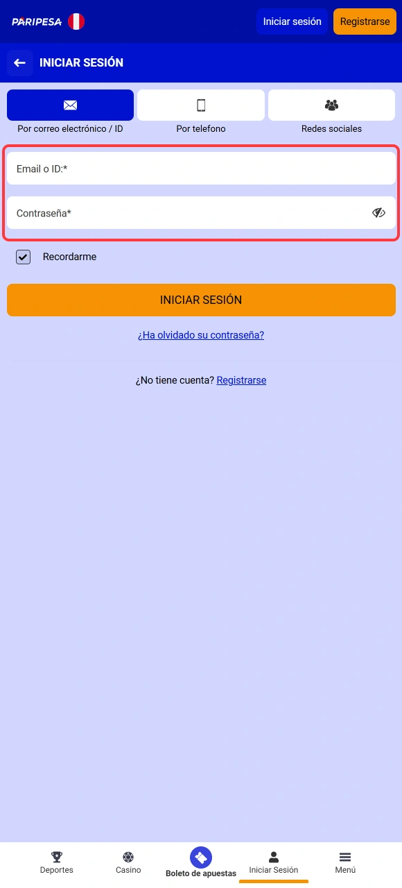 Introduce tus credenciales de usuario para completar el Inicio de sesión en Paripesa rápidamente.