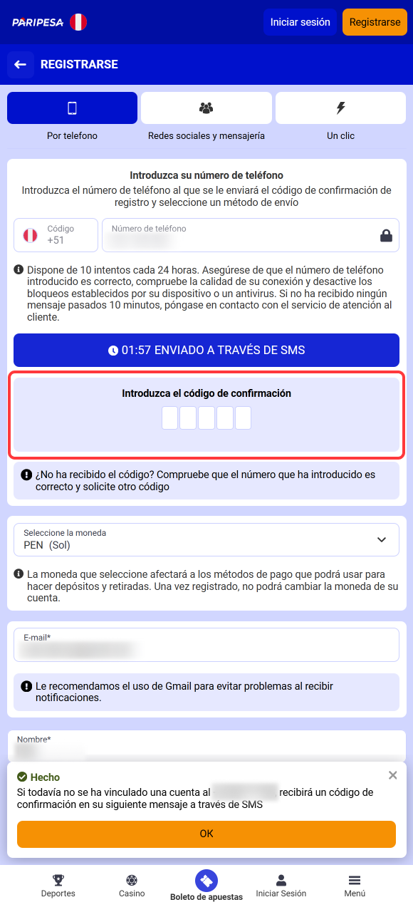 Verifica tu cuenta mediante el mensaje enviado para completar el Registro en Paripesa ahora.