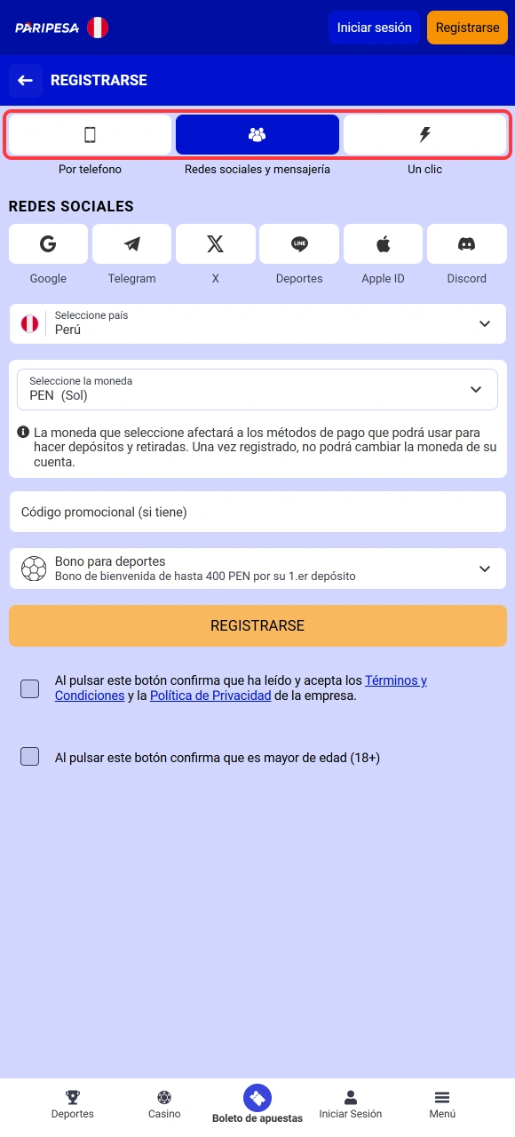 Selecciona el método de Registro en Paripesa para completar tu información personal rápidamente.