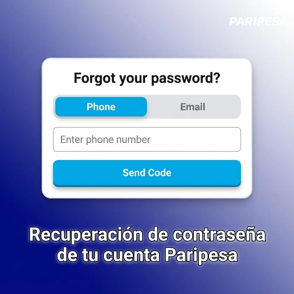 Ilustración de la pantalla “¿Olvidaste tu contraseña?” de Paripesa con pasos para recuperar acceso por email o SMS