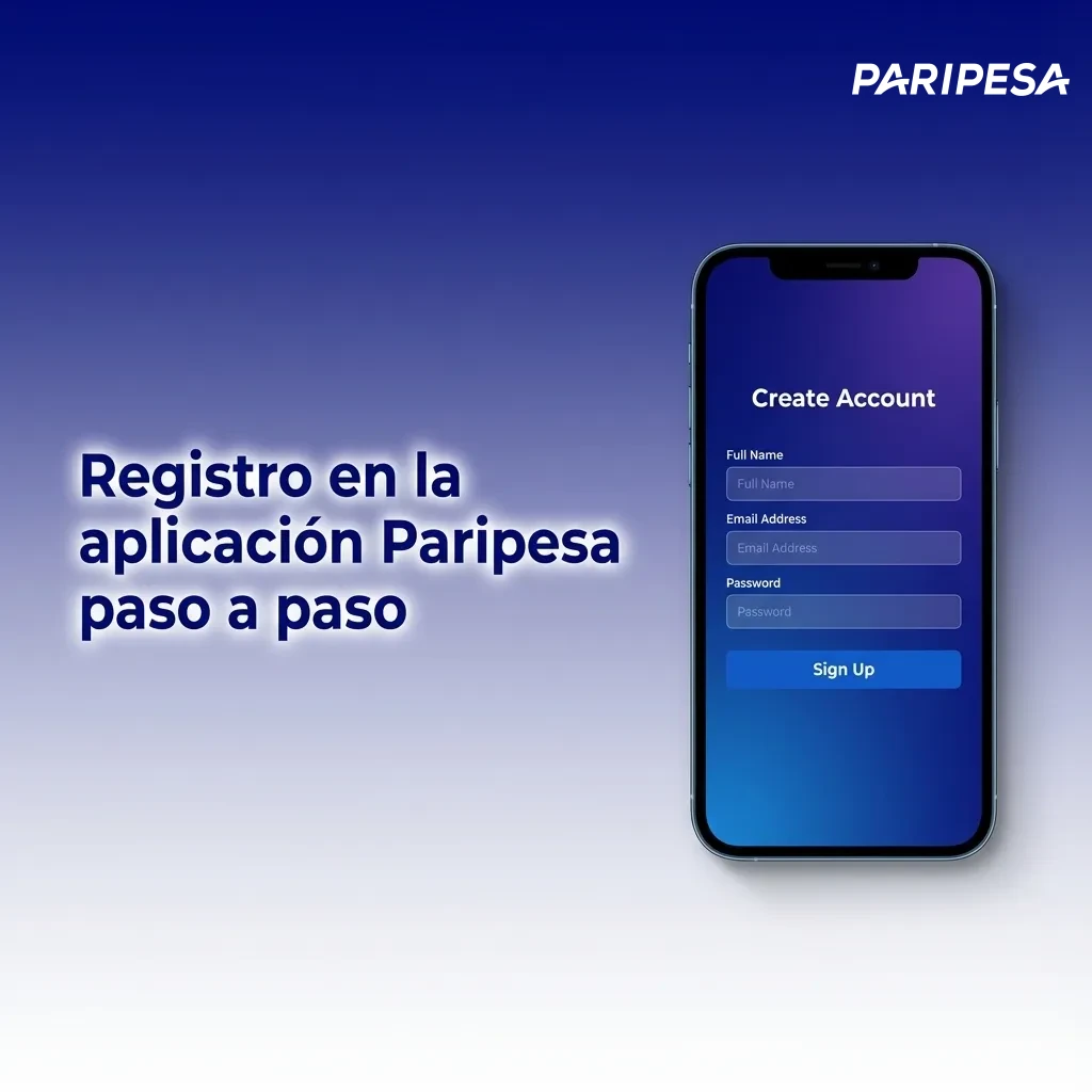 Ilustración de registro paso a paso en la app Paripesa en un smartphone, con formulario y botón “Registro” visible.