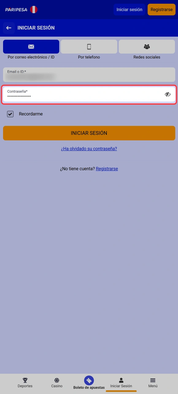 Introduce tu clave secreta para validar el Login en Paripesa en tu cuenta personal.