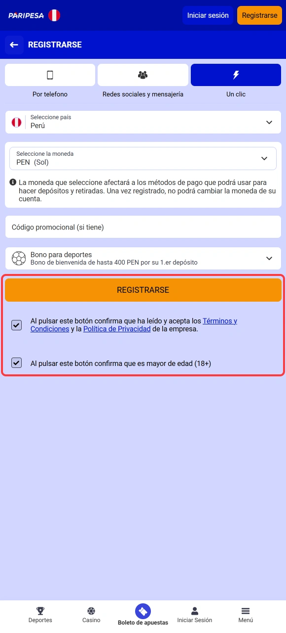 Acepta las políticas de juego responsable para validar tu Registro en Paripesa en Peru.