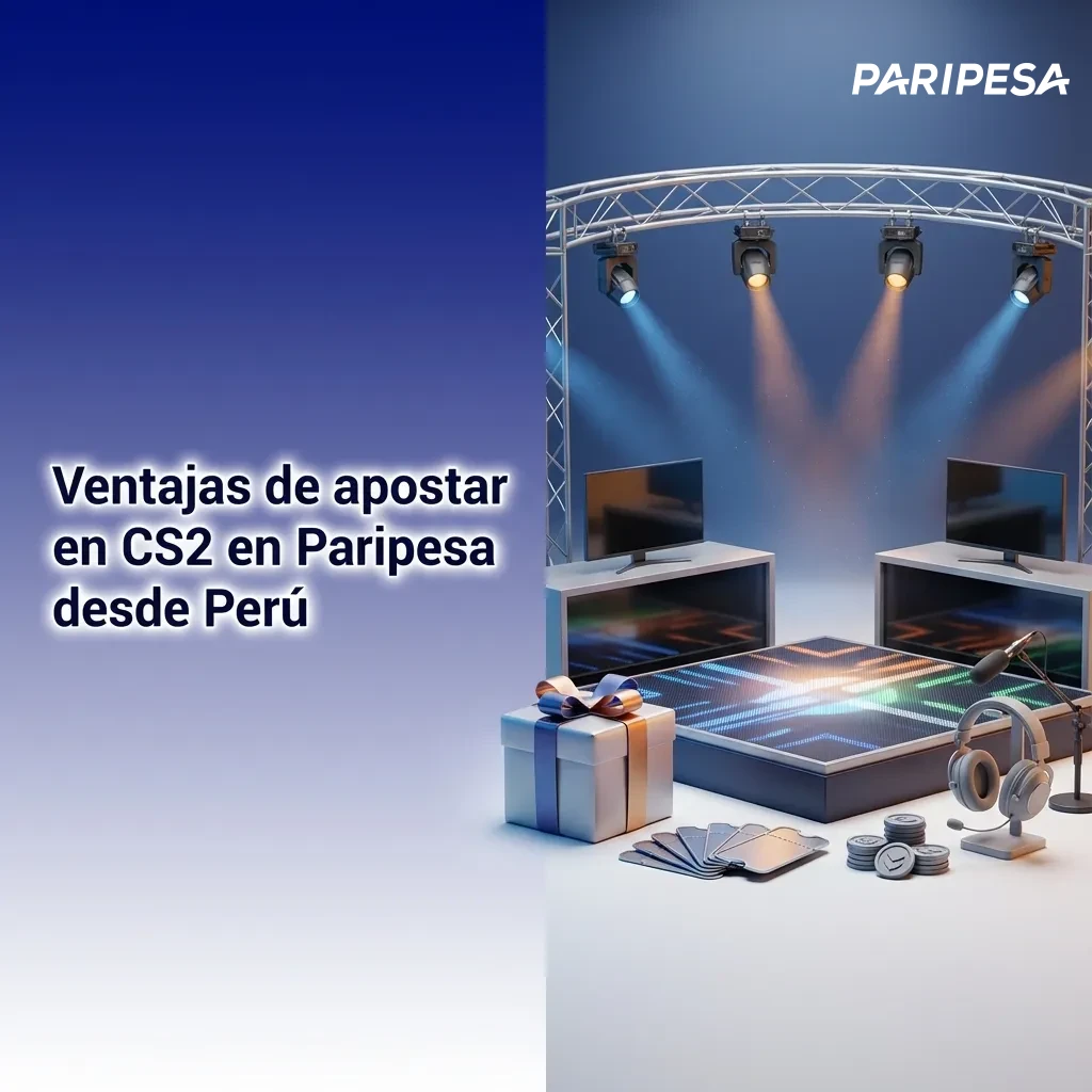 Banner de apuestas CS2 en Paripesa Perú, mostrando bono de bienvenida, pagos en soles, app móvil y soporte 24/7.