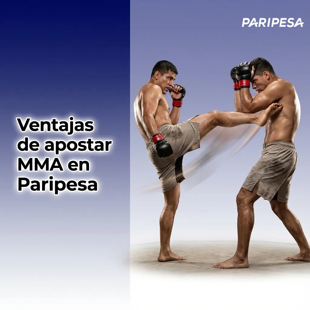Gráfico en español que destaca ventajas de apostar MMA en Paripesa: amplia cobertura, buenas cuotas, app y métodos de pago peruanos
