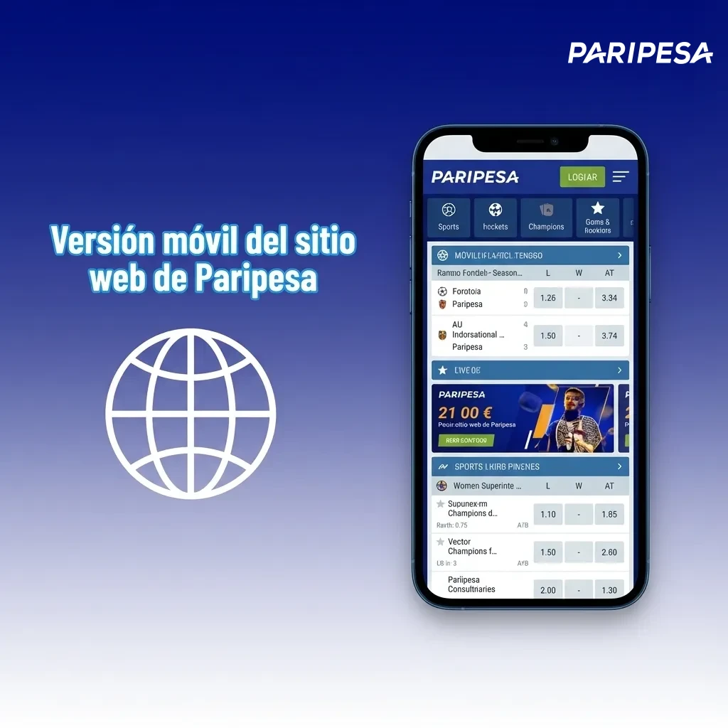 Smartphone mostrando la versión móvil de Paripesa con menús táctiles, apuestas deportivas y casino en pantalla vertical.